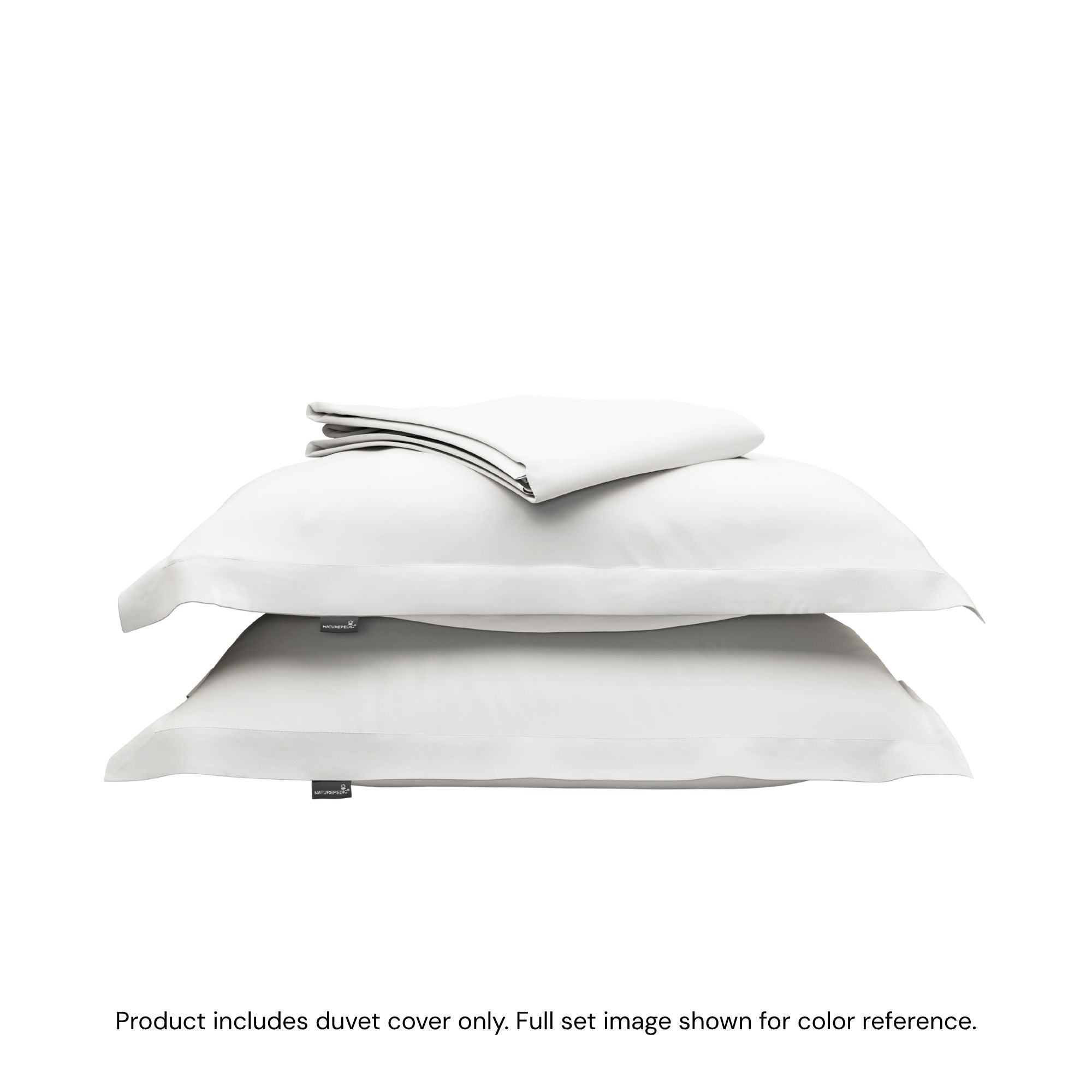 A folded duvet cover sitting on top of two pillow shams #color_arctic snow