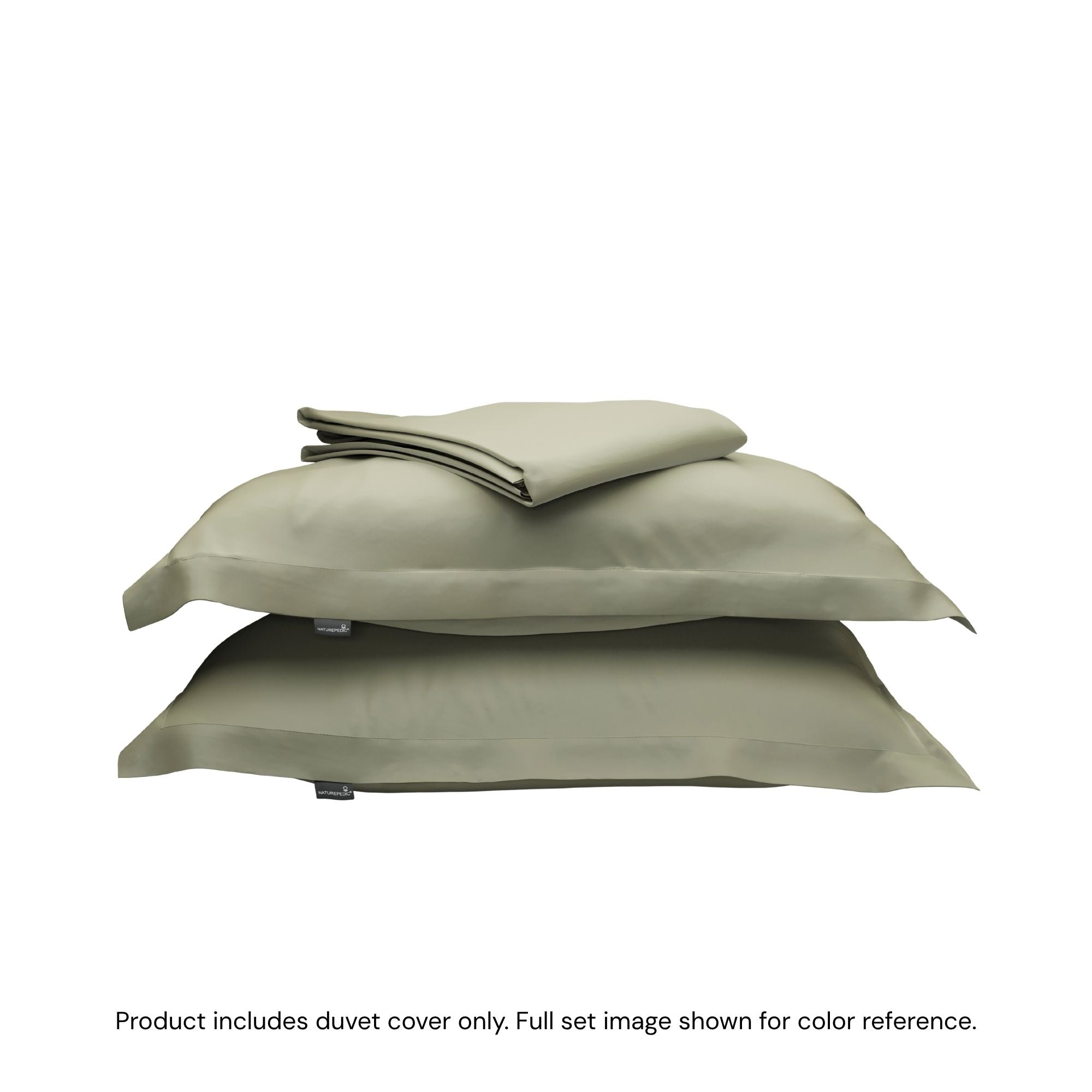 A folded duvet cover sitting on top of two pillow shams #color_forest canopy
