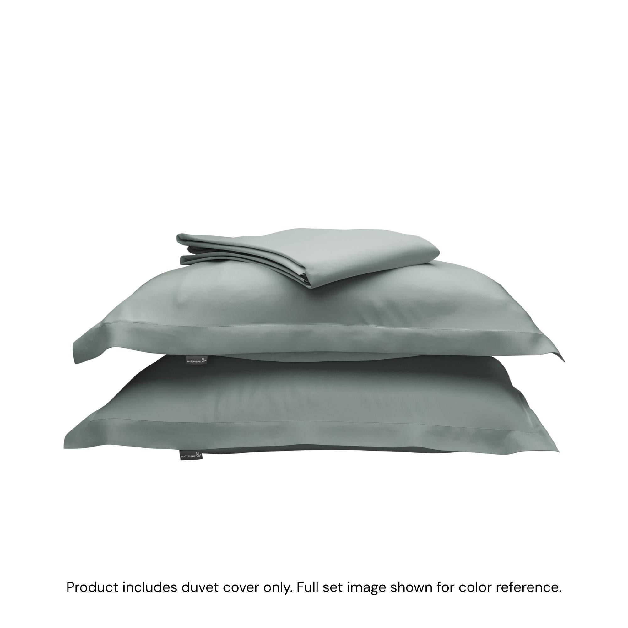 A folded duvet cover sitting on top of two pillow shams #color_harbor island