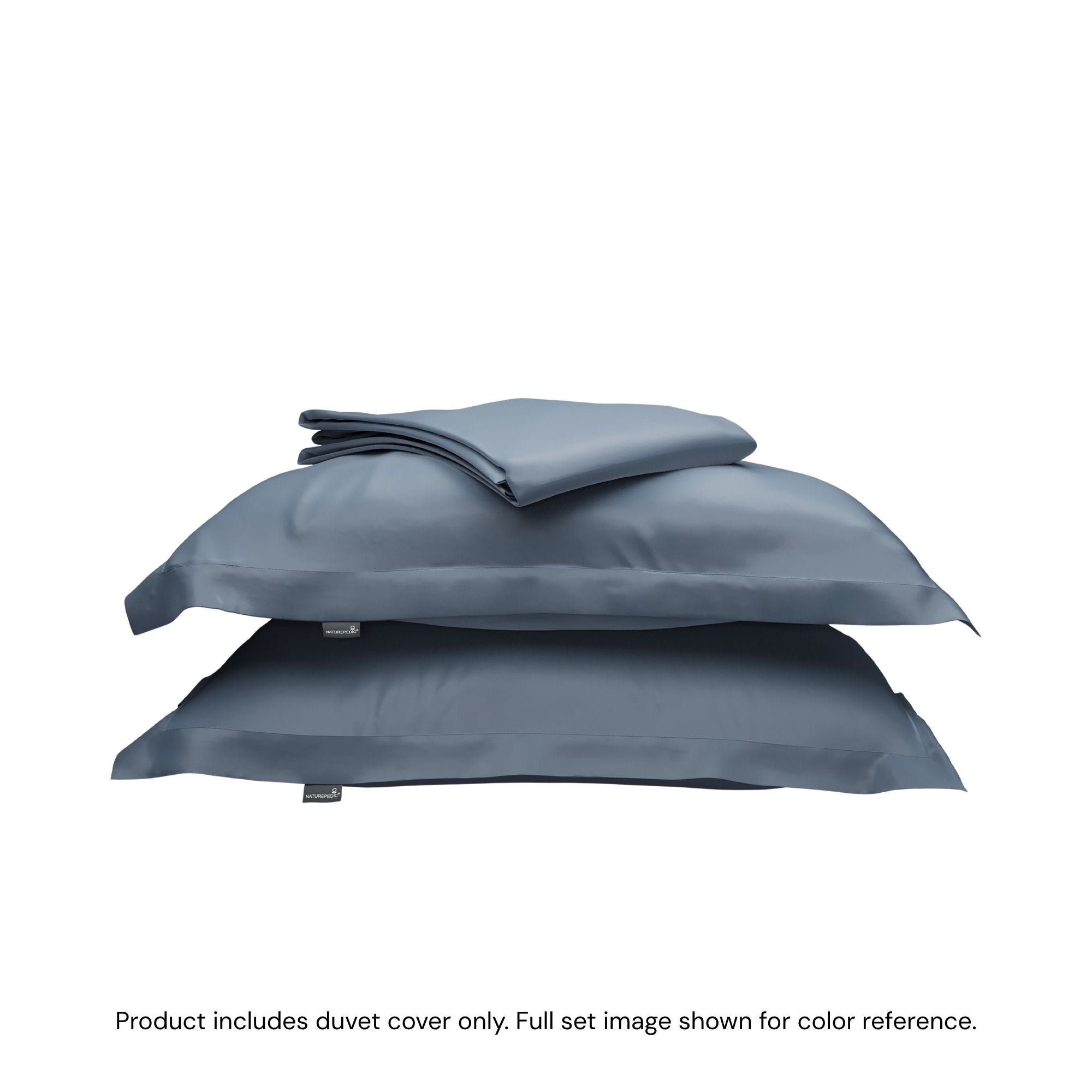 A folded duvet cover sitting on top of two pillow shams #color_mineral blue