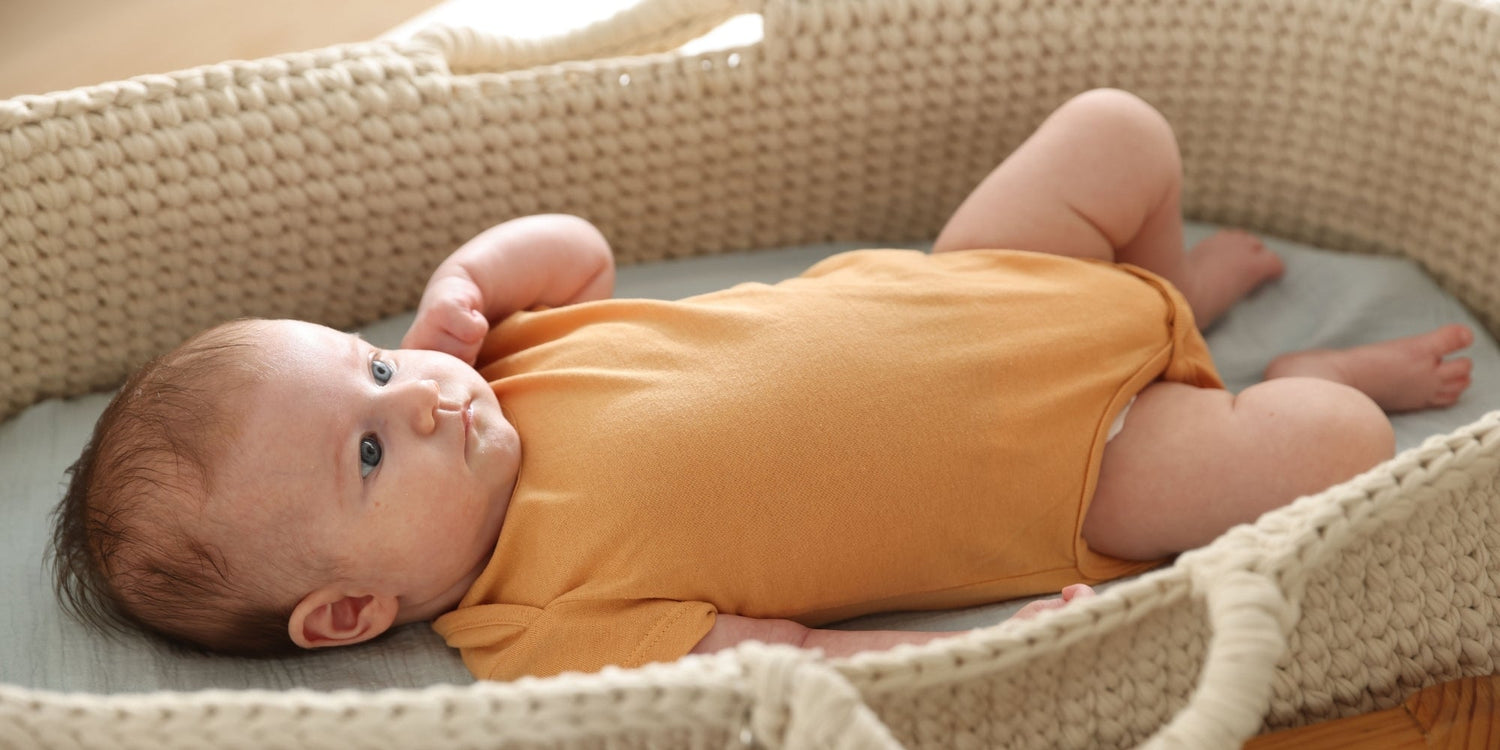 Calm, awake baby lying in a wicker bassinet