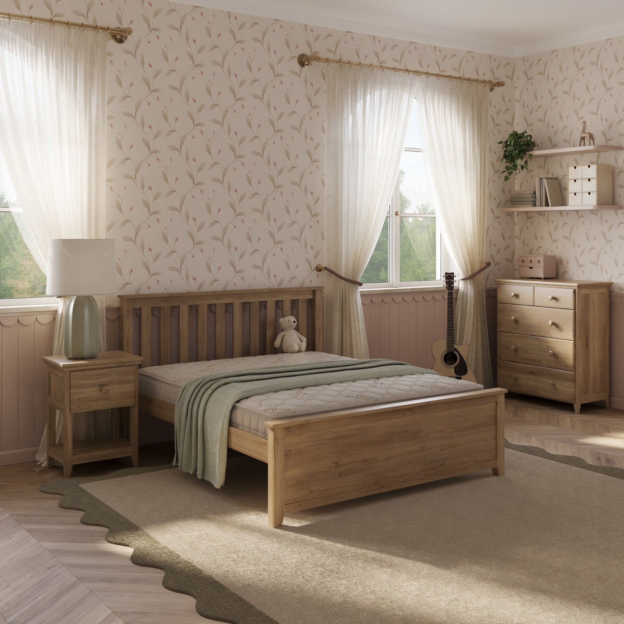 A wood bed frame with a slatted headboard and footboard in a neutral-toned bedroom with matching nightstands, a dresser, patterned wallpaper, and sheer curtains. #size_Full Platform #color_natural 
