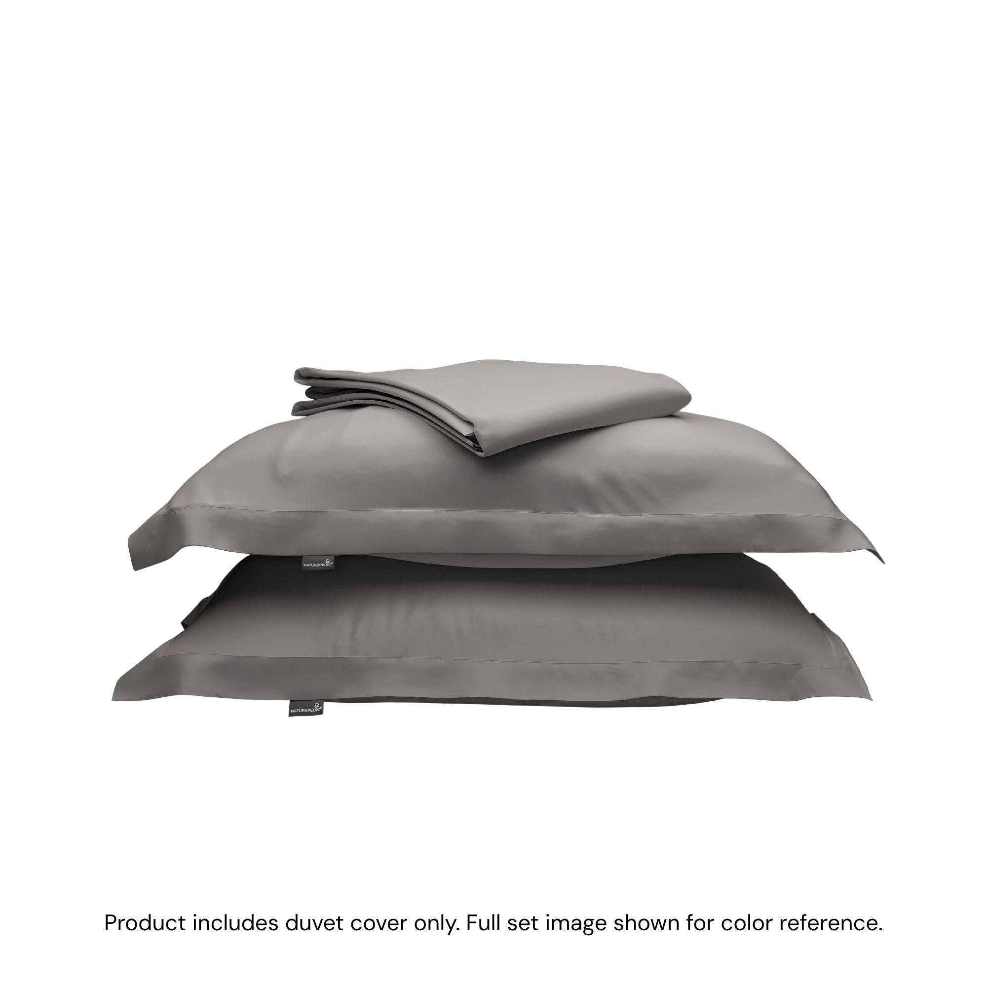 A folded duvet cover sitting on top of two pillow shams #color_pebble grey