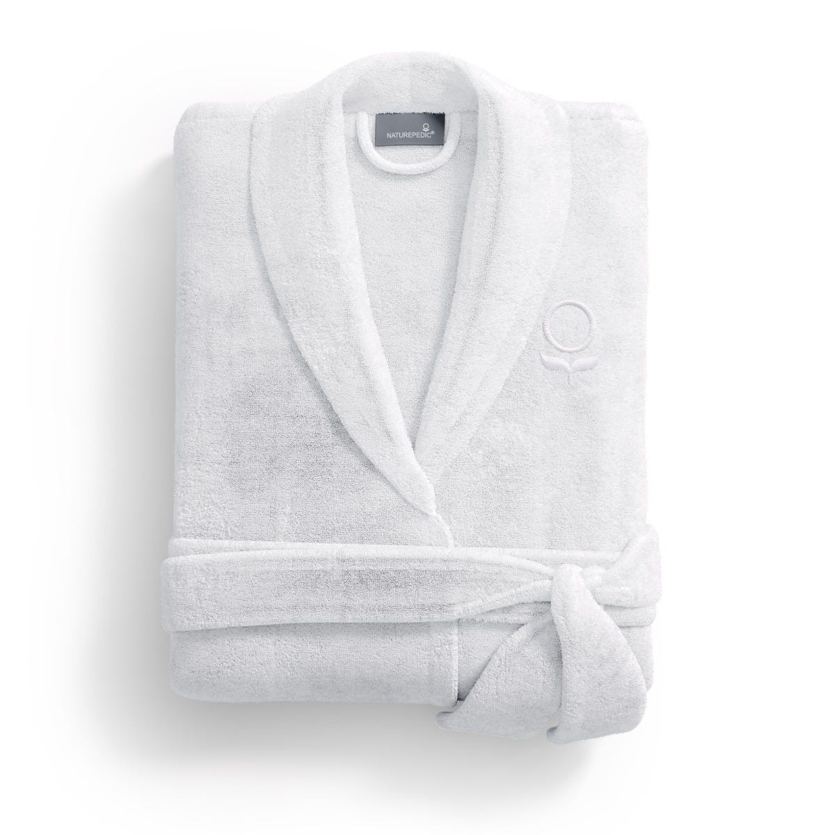 White robe with a brand label on a white background #color_arctic snow