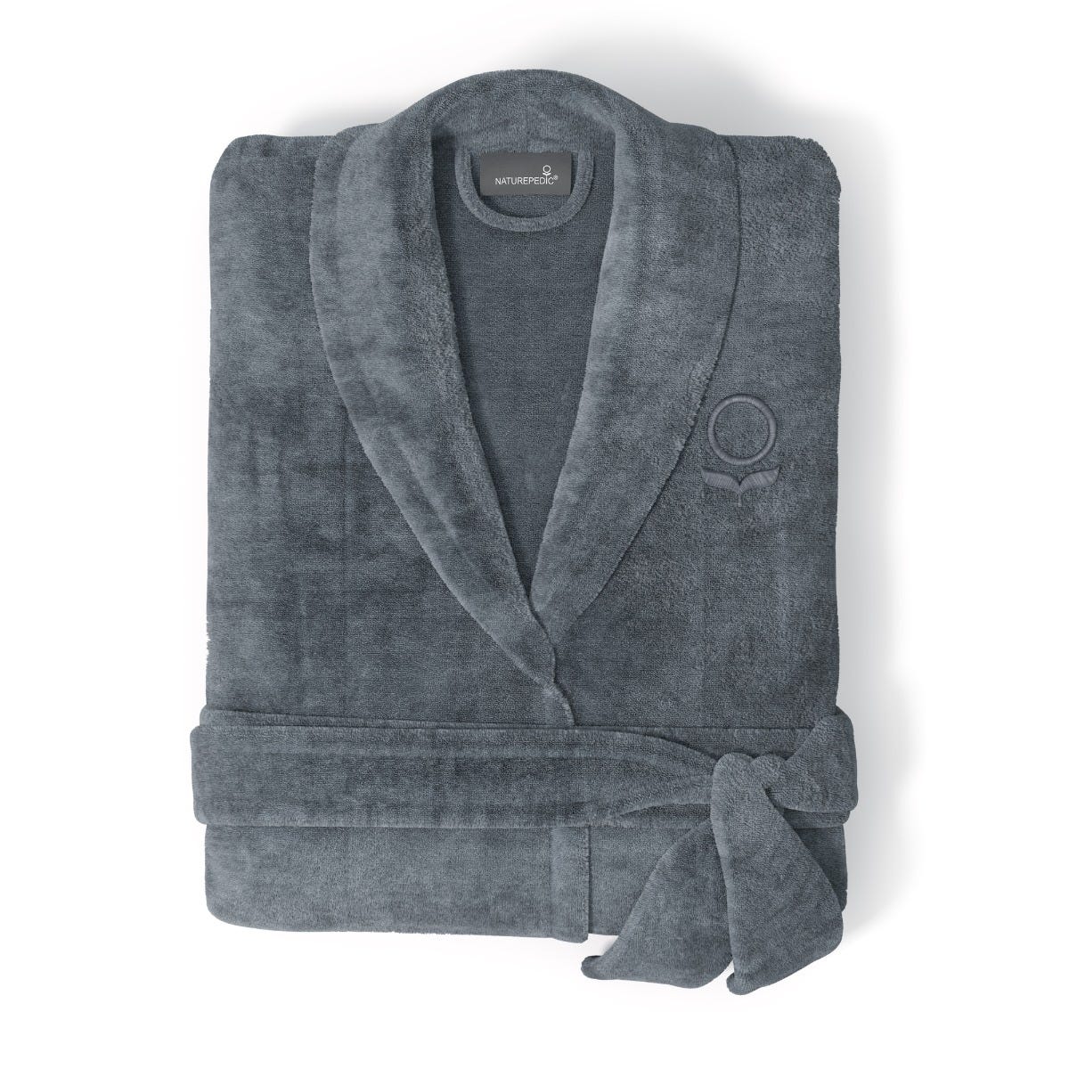 Folded gray robe with a brand logo on a white background #color_smokey slate