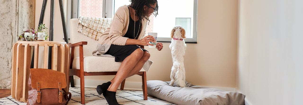 Woman sitting near a window while her small dog stands on an organic pet bed