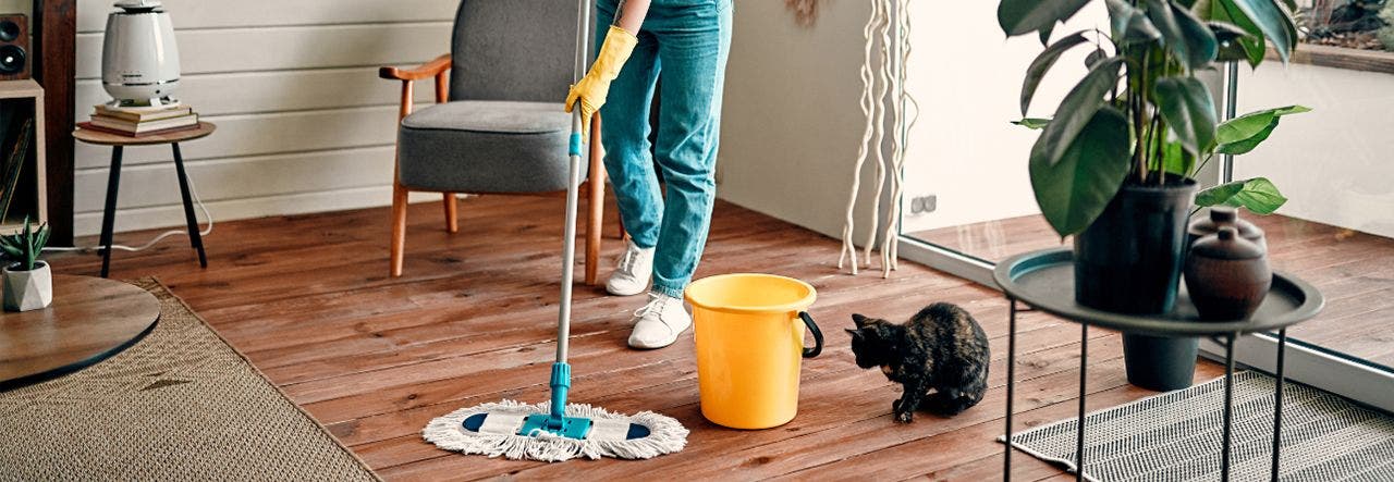 Woman mopping the floor with cleaner that may contain carcinogens