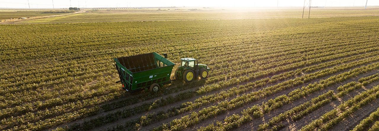 Tractor driving through scenic organic field