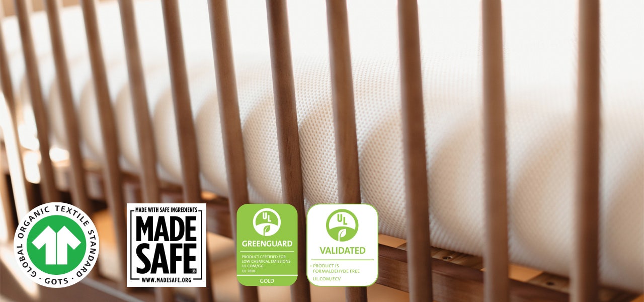 Naturepedic organic crib mattress showing organic and non-toxic certifications