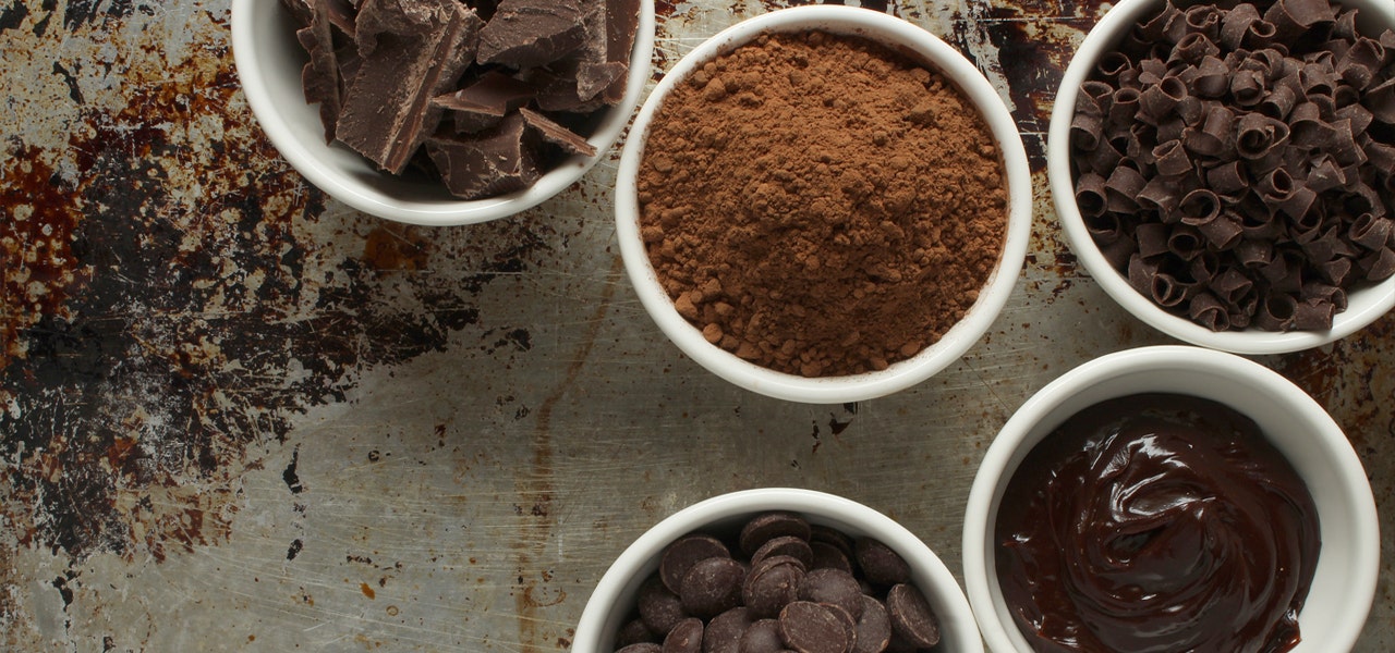 Overhead image of fair trade cocoa powder and chocolate 