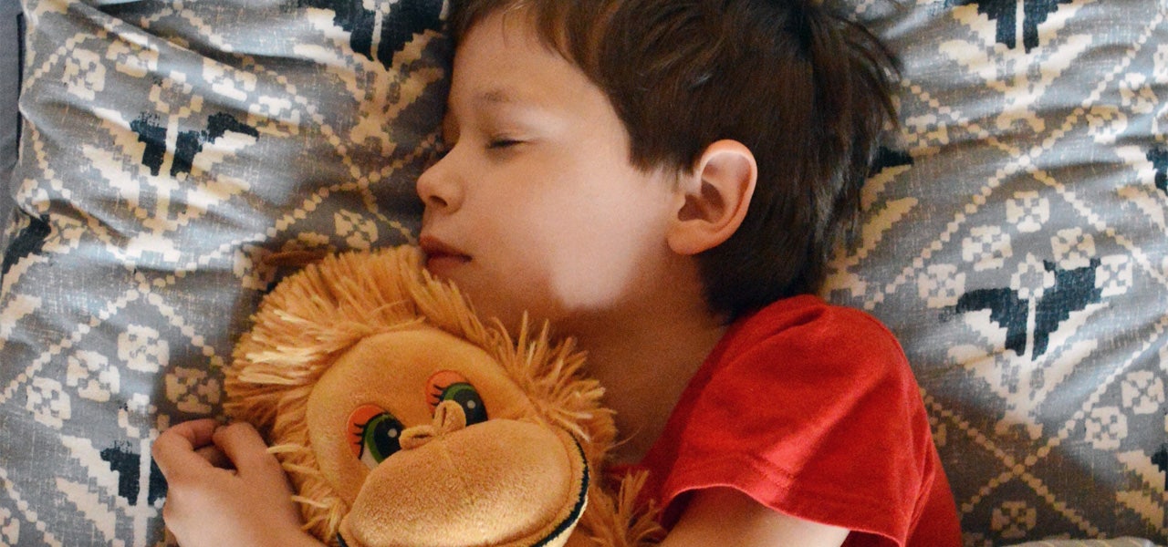 Young boy soundly sleeping, cuddling his teddy bear