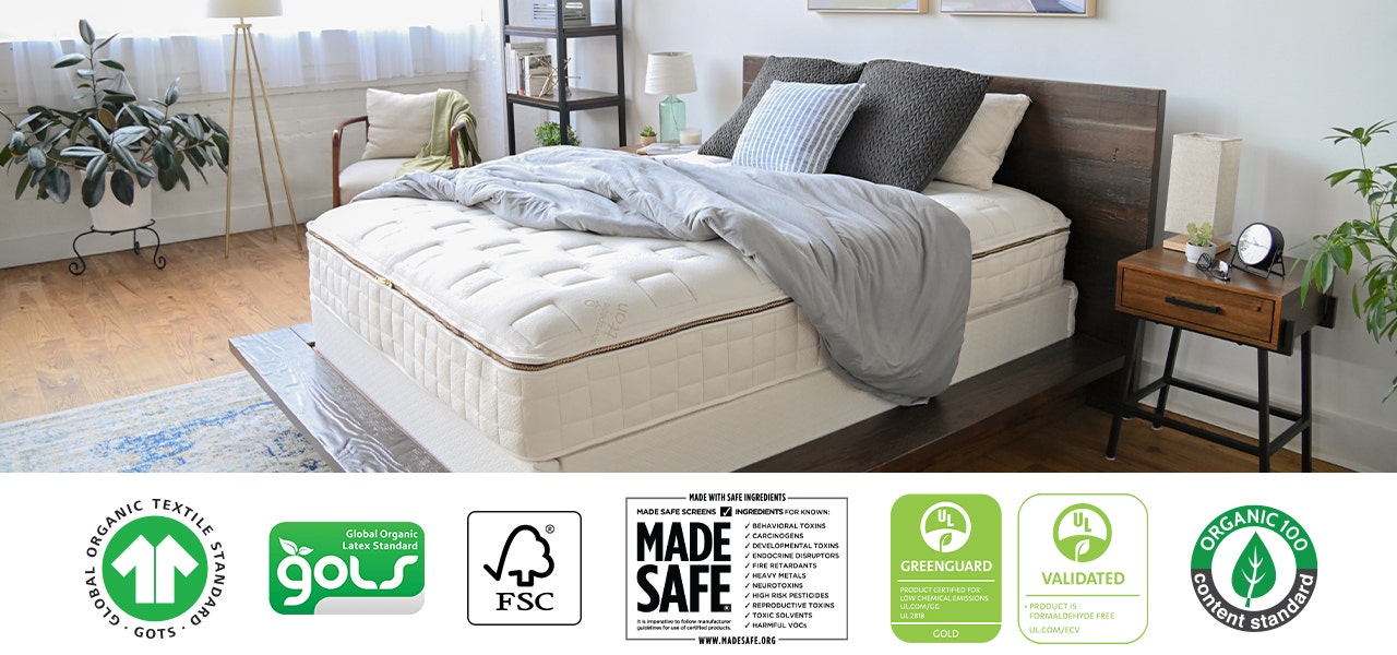 Naturepedic organic mattress with GOTS, GOLS, FSC, MADE SAFE, GREENGUARD Gold, UL Formaldehyde Free and OCS logos