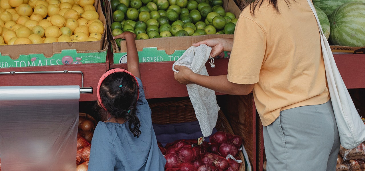 Mother and daughter shopping for organic fruits