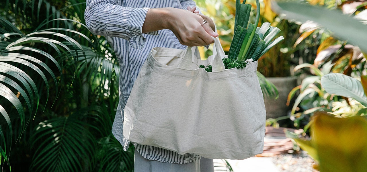 Green vegetables poking out of a canvas bag
