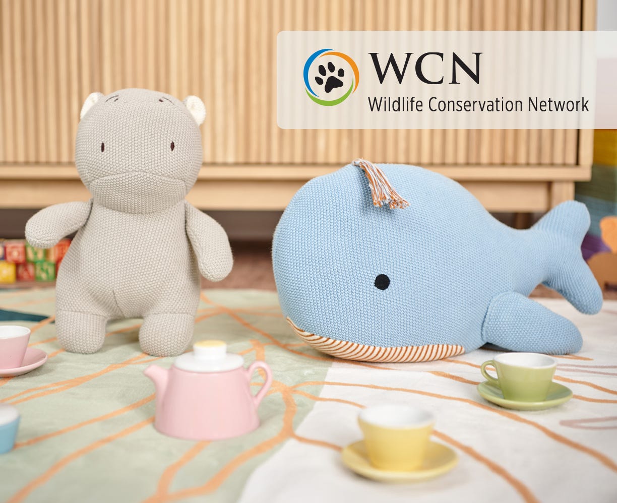 Hadley the Hippo and Wade the Whale Stuffed Animals with Wildlife Conservation Network logo